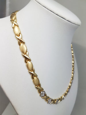Lovely 16.5" 14k Yellow Gold Hollow X & O Link Natural Diamond Necklace
