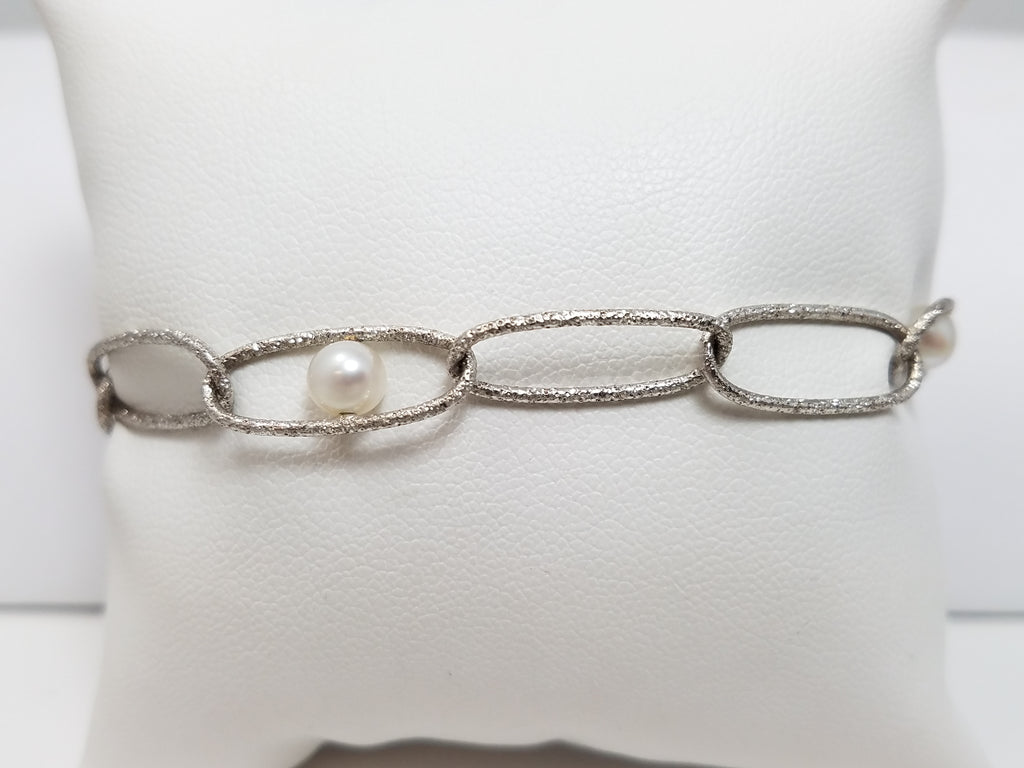 Fun 7.25" 14k White Gold Cultured Peral Hollow Fancy Link Bracelet