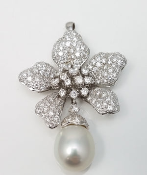 Extravagant 14k White Gold Tahitian Pearl Natural Diamond Pendant/Brooch
