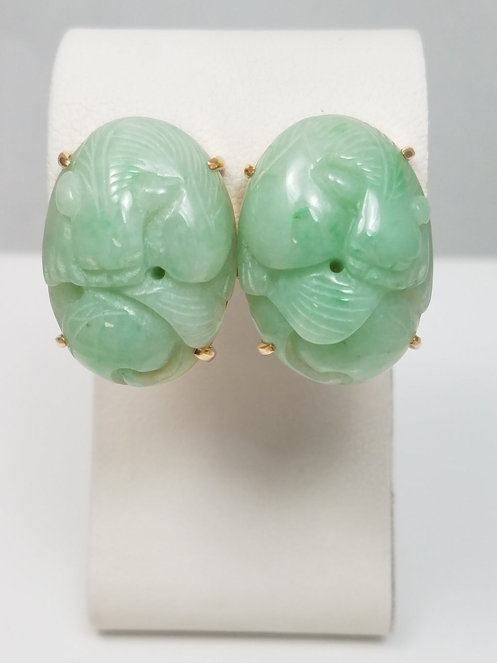 Awesome 14k Yellow Gold Natural Carved Jade Grand Earrings