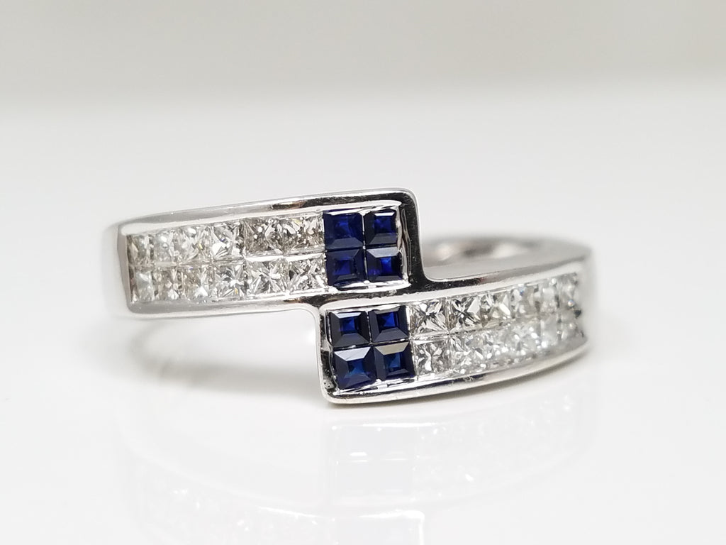 Thrilling Custom 14k White Gold Natural Sapphire Diamond Bypass Ring
