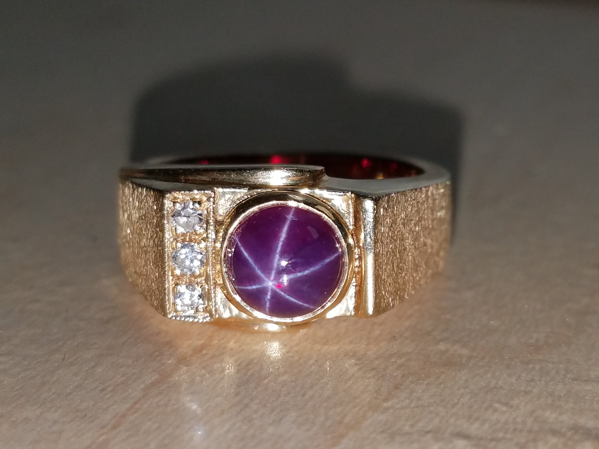 Fantastic Lab Created Star Ruby Natural Diamond 14k Yellow Gold Ring