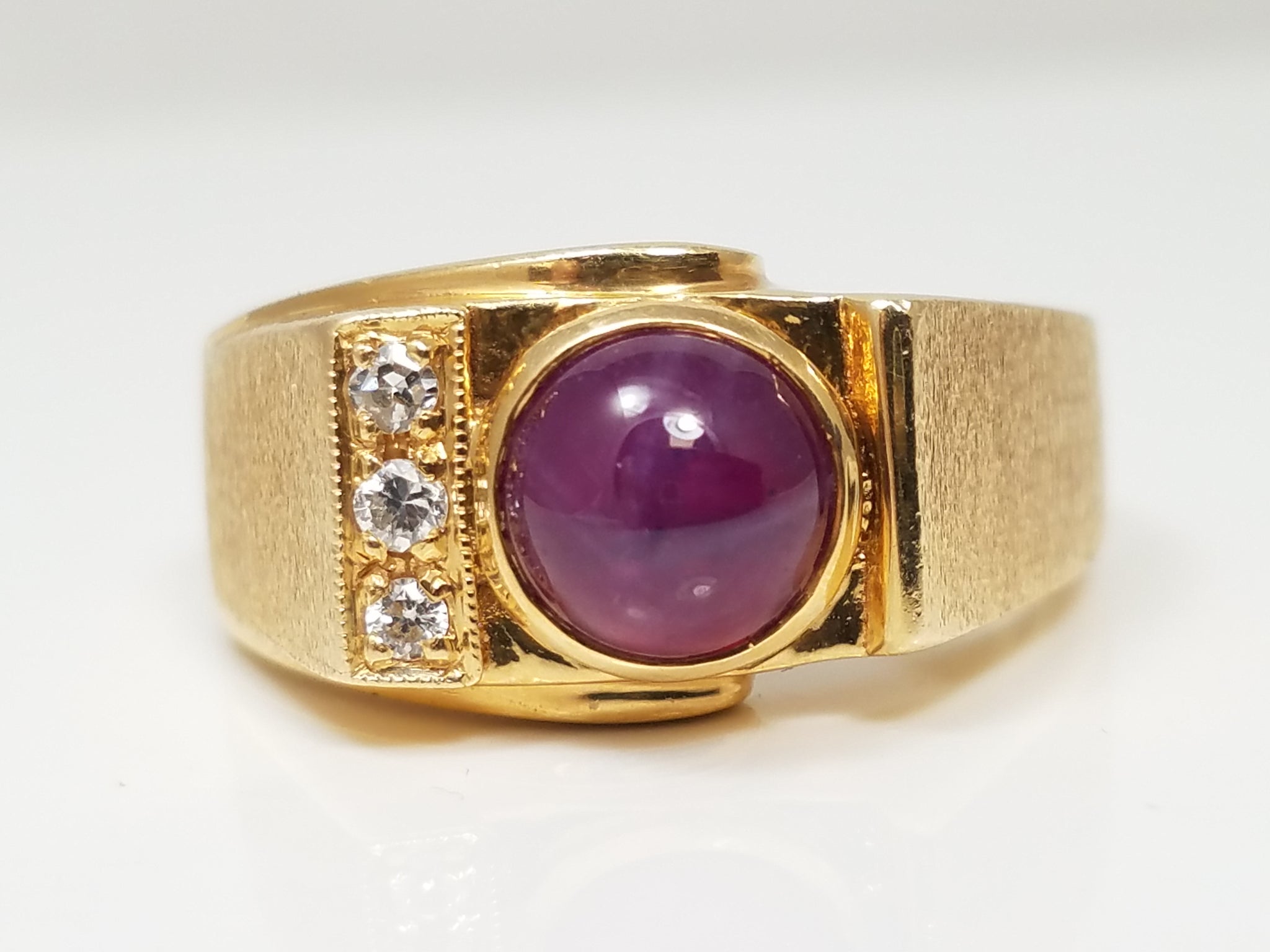 Fantastic Lab Created Star Ruby Natural Diamond 14k Yellow Gold Ring
