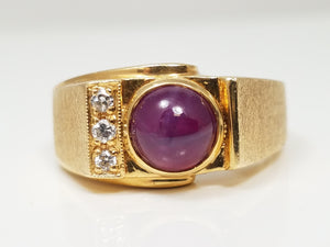 Fantastic Lab Created Star Ruby Natural Diamond 14k Yellow Gold Ring