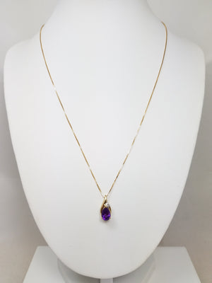 Soothing 18" 14k Yellow Gold Natural Amethyst Diamond Pendant Necklace