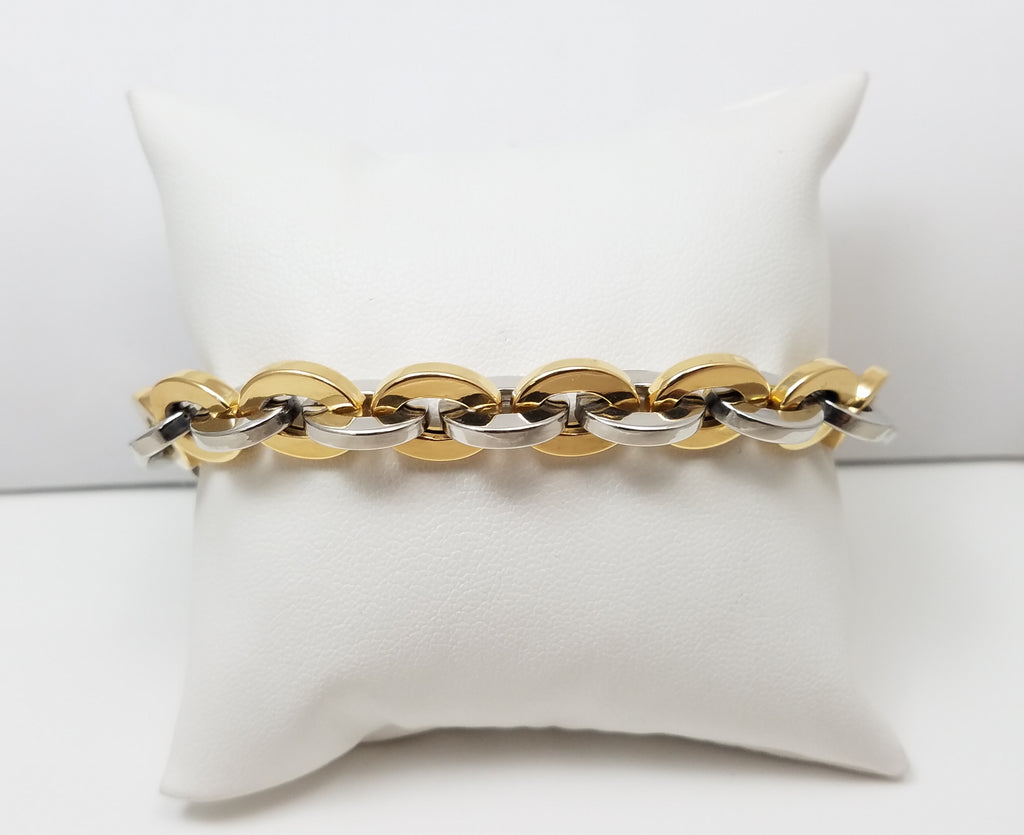 Impressive 18k Yellow Gold & Platinum 8" Hollow Cable Link Bracelet