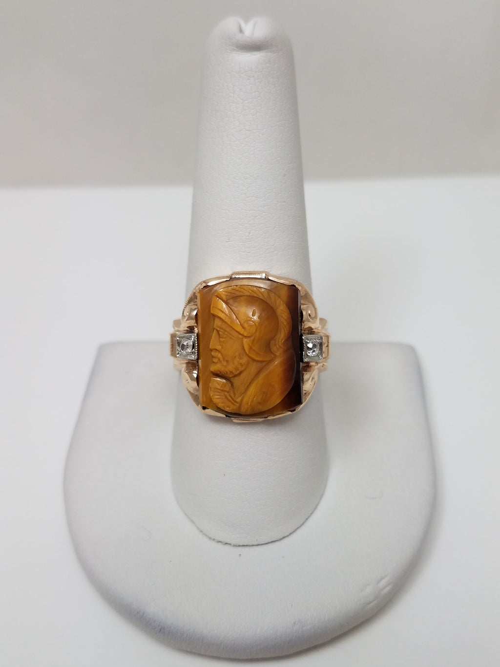 Dapper Men's Vintage 10k Yellow Gold Natural Tiger Eye Cameo Diamond Ring