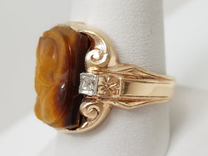 Dapper Men's Vintage 10k Yellow Gold Natural Tiger Eye Cameo Diamond Ring