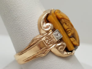 Dapper Men's Vintage 10k Yellow Gold Natural Tiger Eye Cameo Diamond Ring