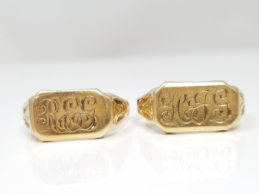 Two Matching Early 10k Yellow Gold 1900's Arts & Crafts Ladies Signet Rings