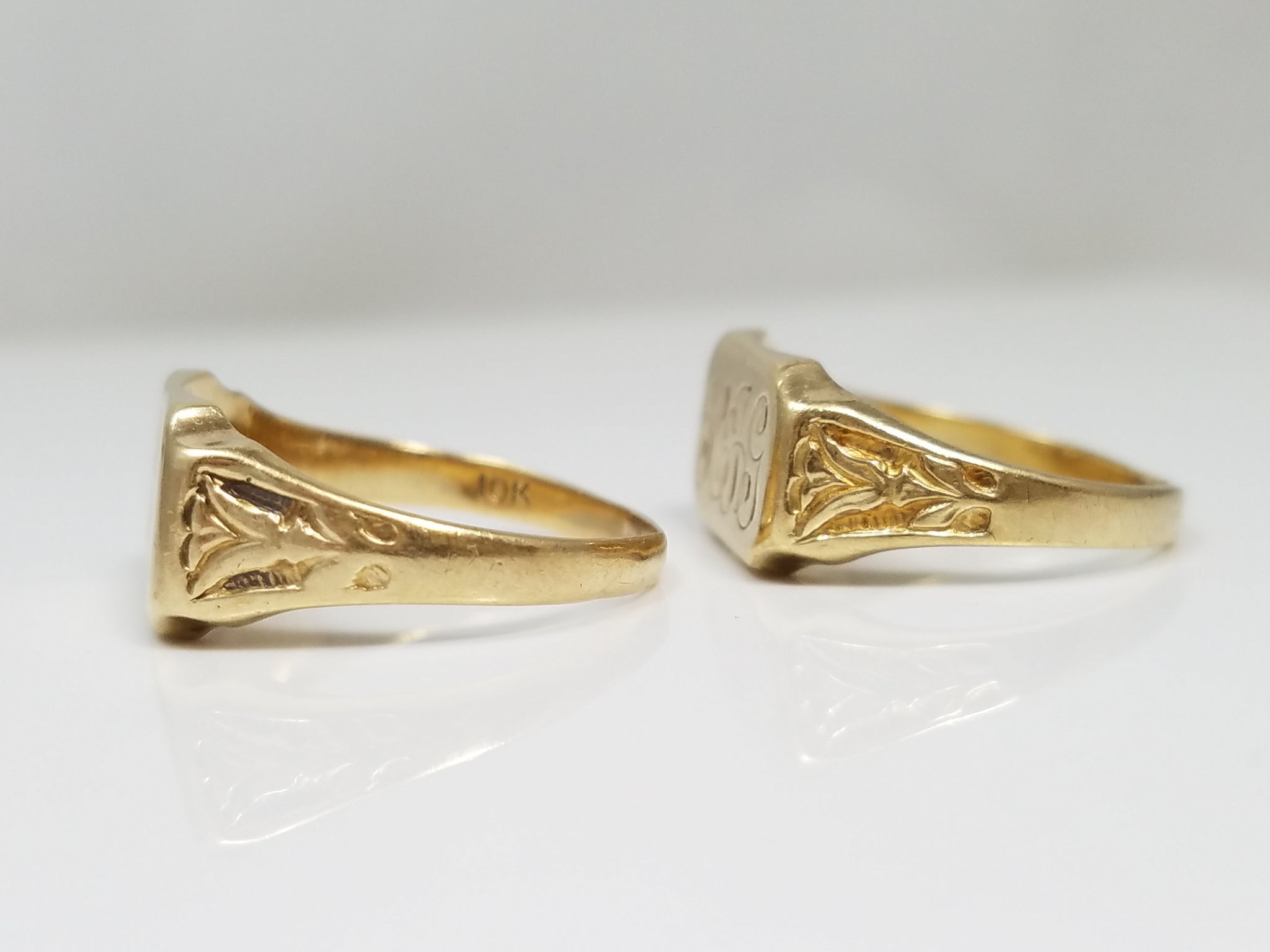 Two Matching Early 10k Yellow Gold 1900's Arts & Crafts Ladies Signet Rings
