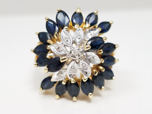 Grand 10k Yellow Gold Natural Sapphire Diamond Cluster Ring
