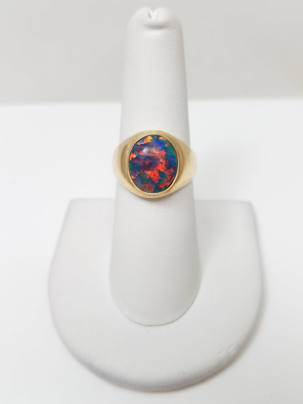 Breathtaking Vintage 9k Yellow Gold Lab Grown Black Opal Ring