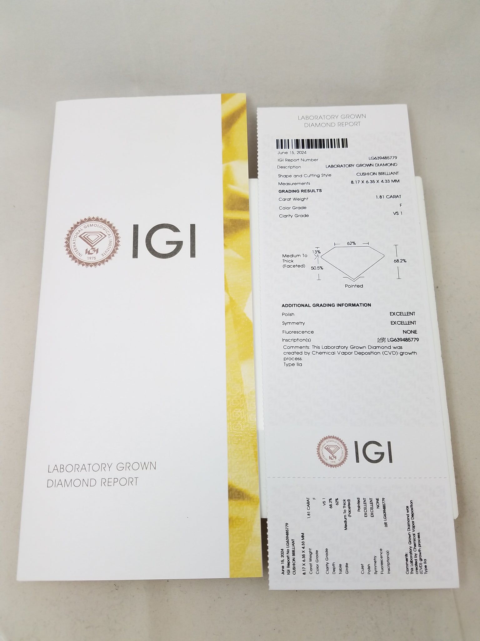 NEW IGI Certified 1.81ct Cushion Brilliant Lab Grown Diamond VS1 F