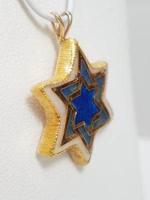 Stunning 14k & 24k Yellow Gold Enamel Artisan Star Of David Pendant