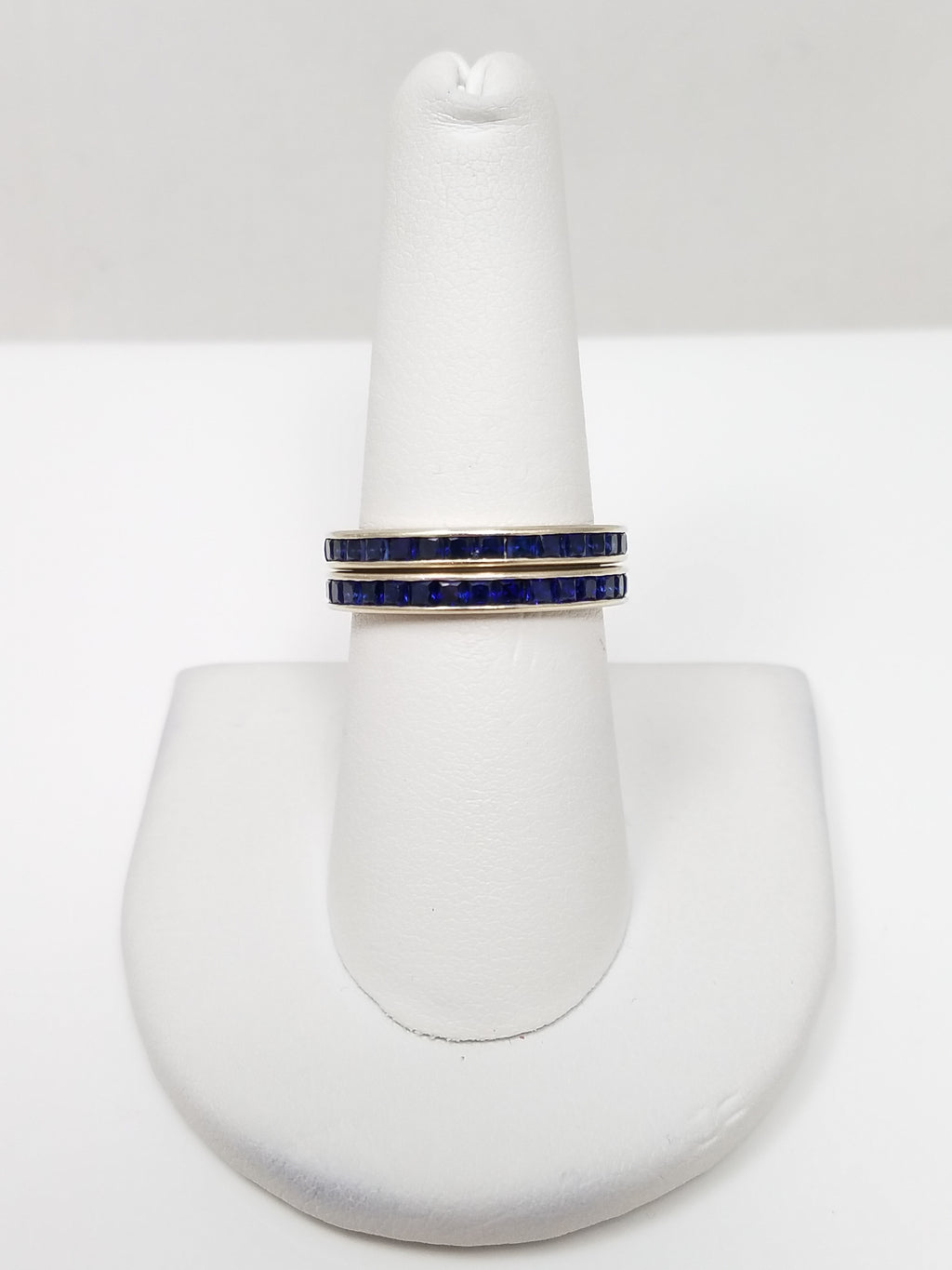 Two Matching 14k White Gold Synthetic Sapphire Eternity Ring Bands