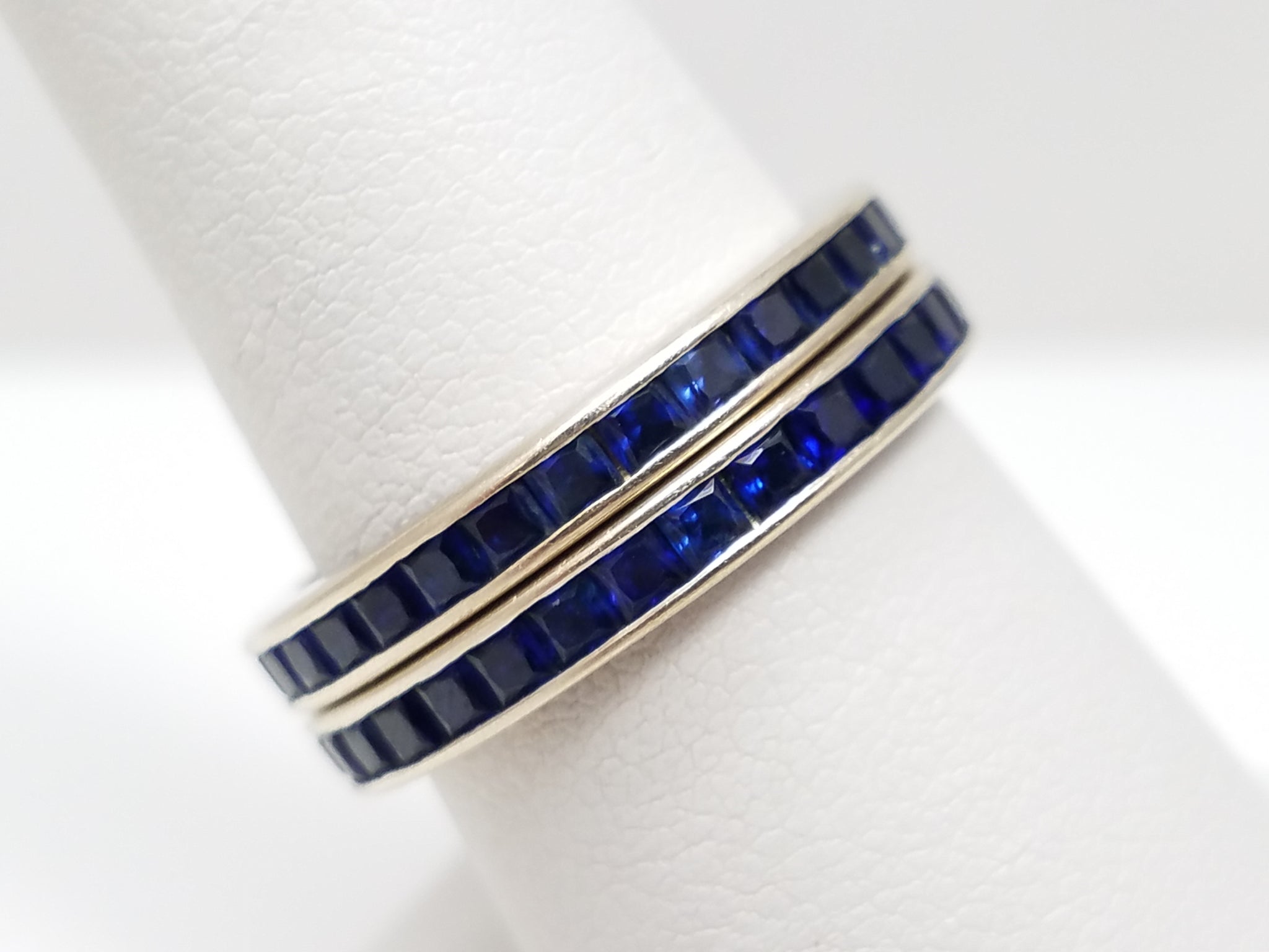 Two Matching 14k White Gold Synthetic Sapphire Eternity Ring Bands