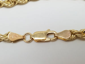 Classic 7" Solid 14k Yellow Gold Rope Chain Bracelet
