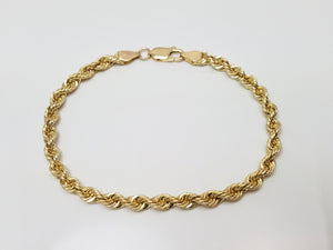 Classic 7" Solid 14k Yellow Gold Rope Chain Bracelet