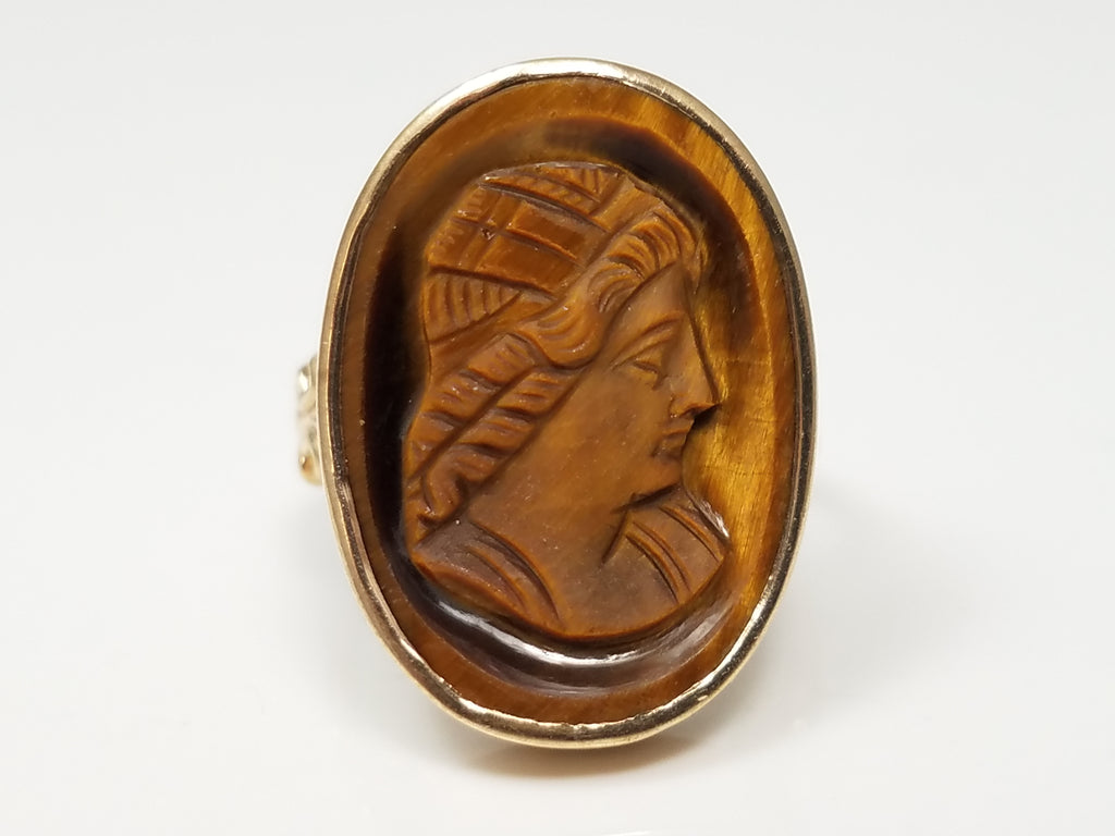 Vintage Natural Tiger Eye 10k Yellow Gold Cameo Ring