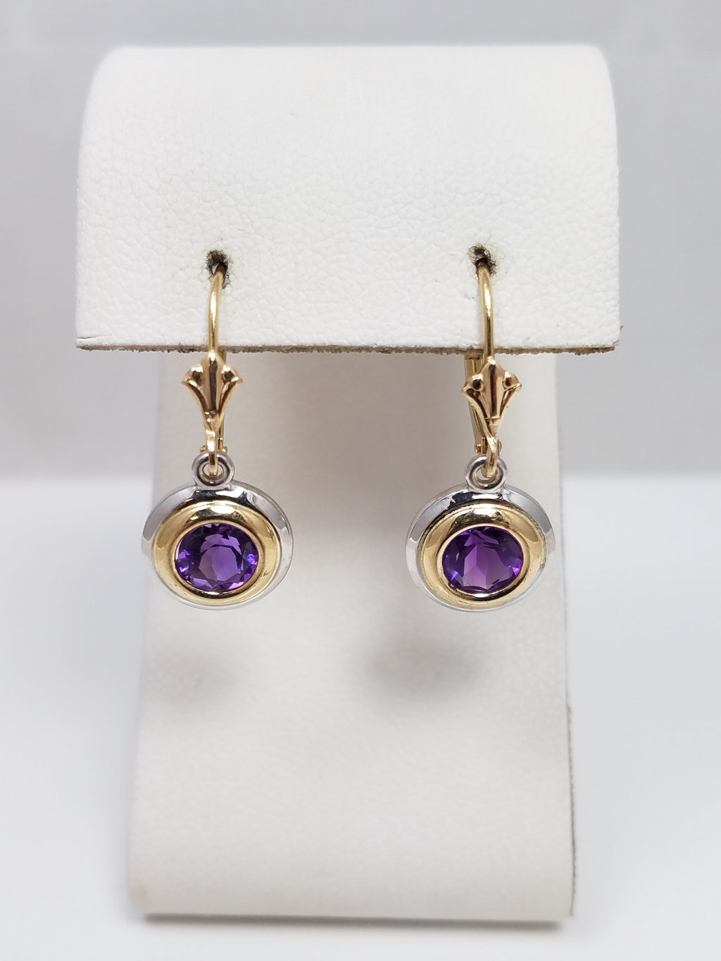 Attractive 14k Two Tone Gold Natural Amethyst Dangle Earrings
