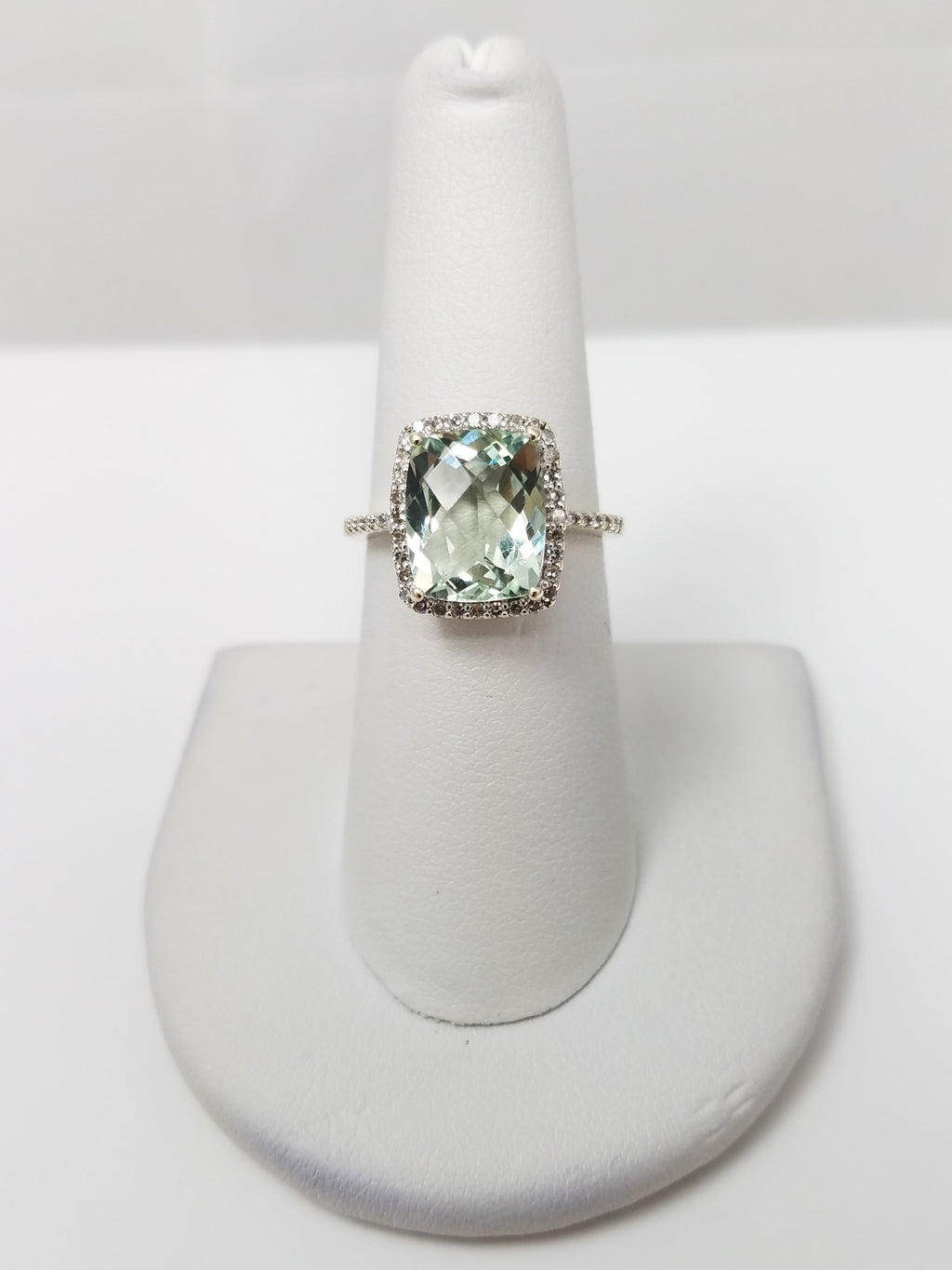 Gleaming Natural Prasiolite & Diamond 14k White Gold Ring