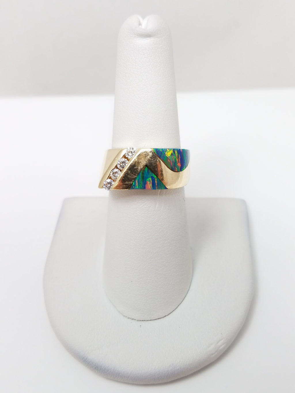 Stunning 14k Yellow Gold Lab Created Opal Natural Diamond Custom Ring