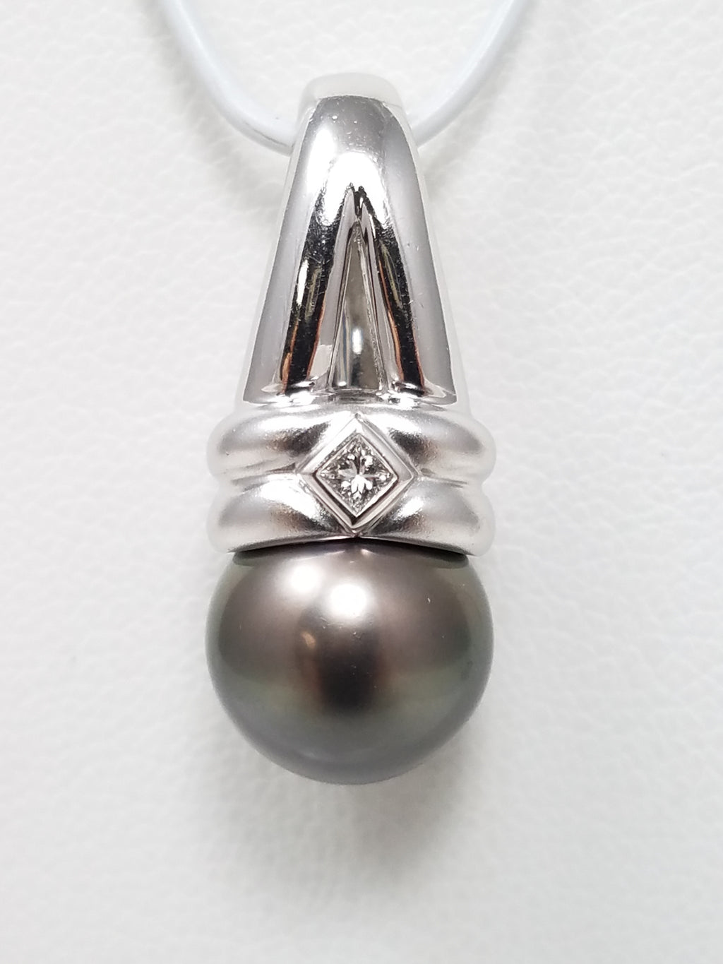 Sophisticated 14k White Gold Tahitian Pearl Natural Diamond Custom Pendant