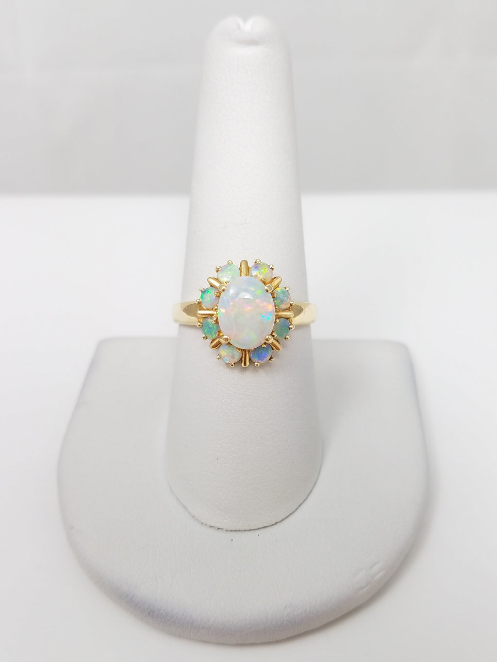 Glamorous 14k Yellow Gold Natural Opal Halo Ring