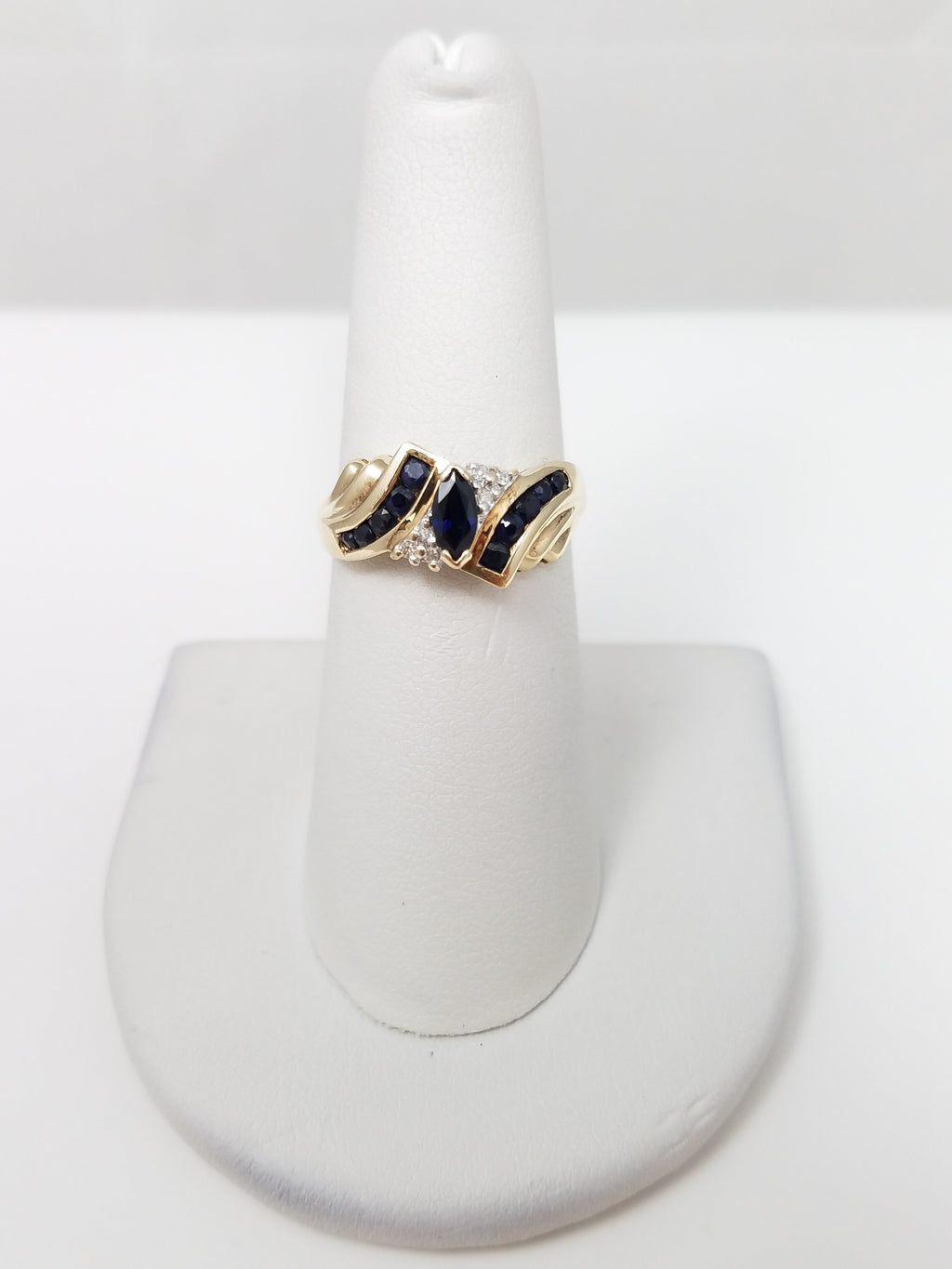 Bright 10k Yellow Gold Natural Sapphire Diamond Bypass Ring