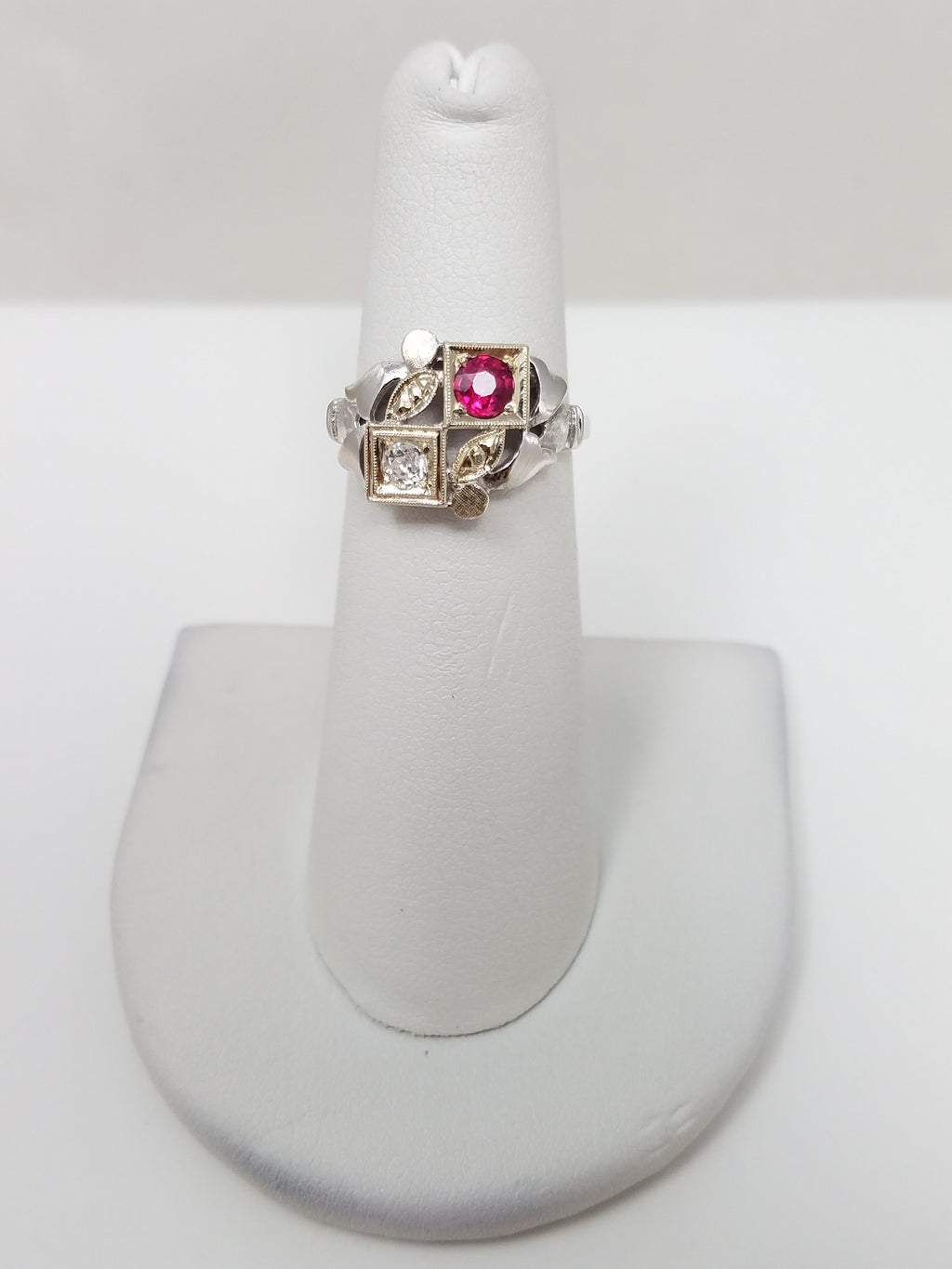 Stunning 1930's 14k White Gold Lab Created Ruby Natural Diamond Ring