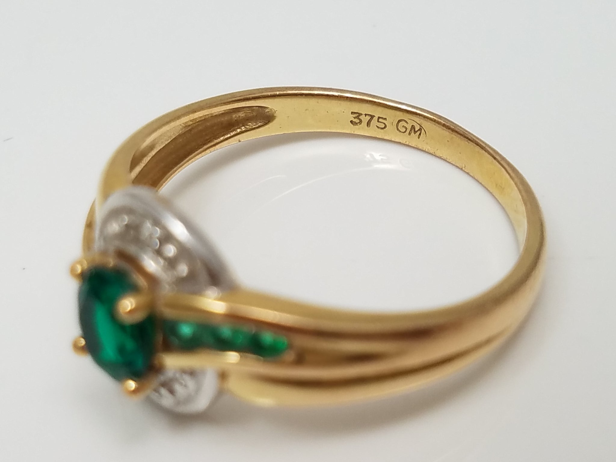 Soothing 9k Yellow Gold Lab Created Emerald Natural Diamond Ring