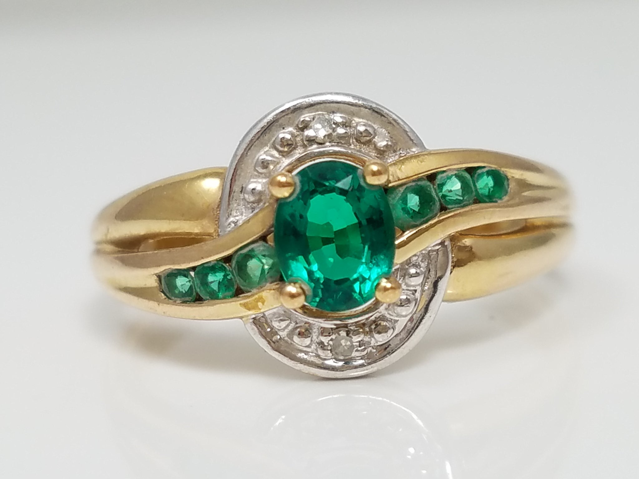 Soothing 9k Yellow Gold Lab Created Emerald Natural Diamond Ring