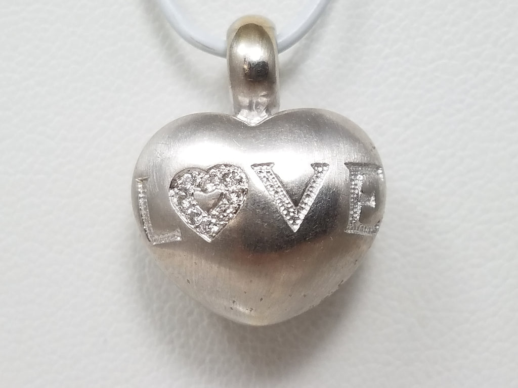 "LOVE" Natural Diamond 18k White Gold 3-D Heart Pendant