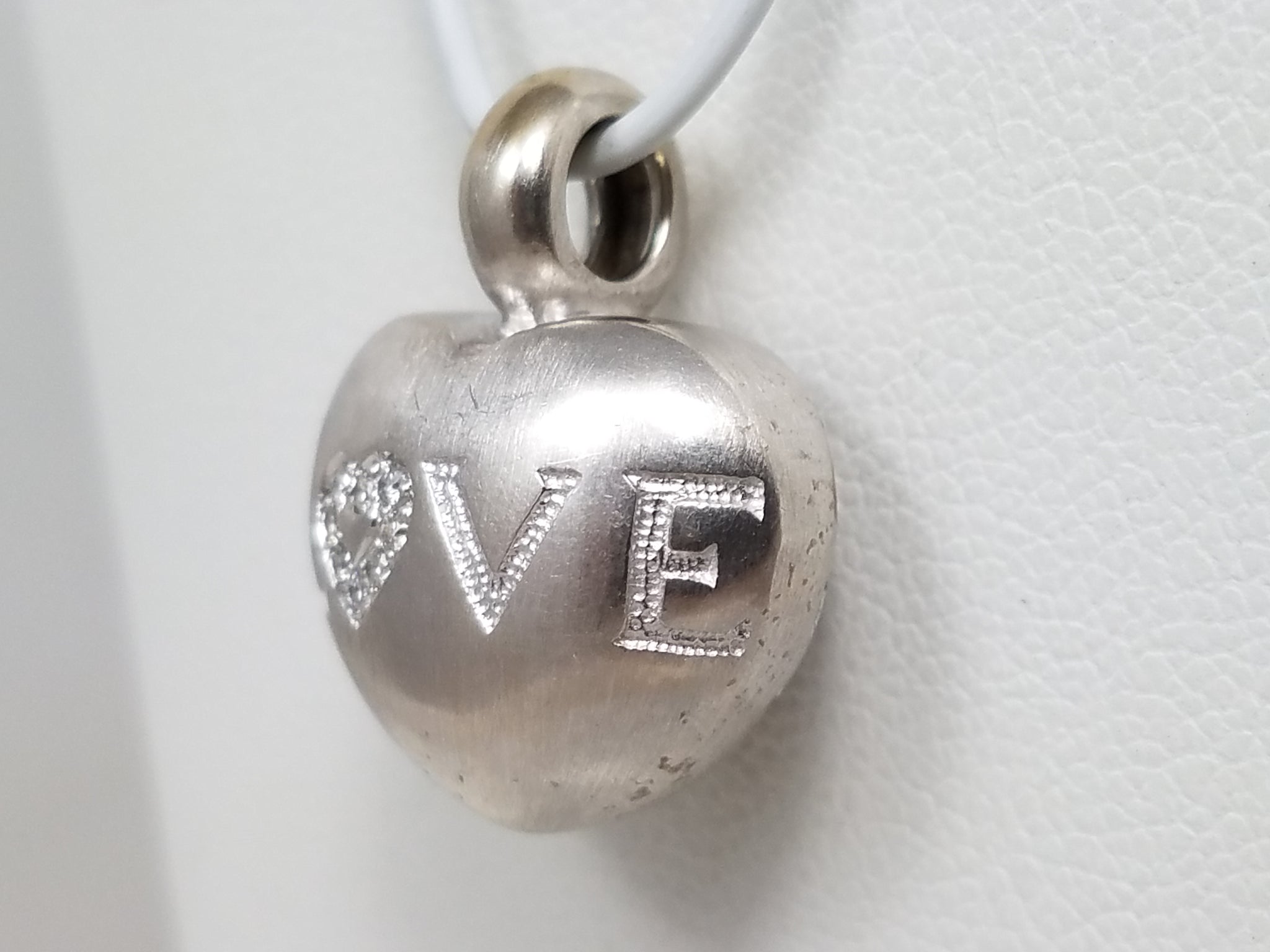 "LOVE" Natural Diamond 18k White Gold 3-D Heart Pendant