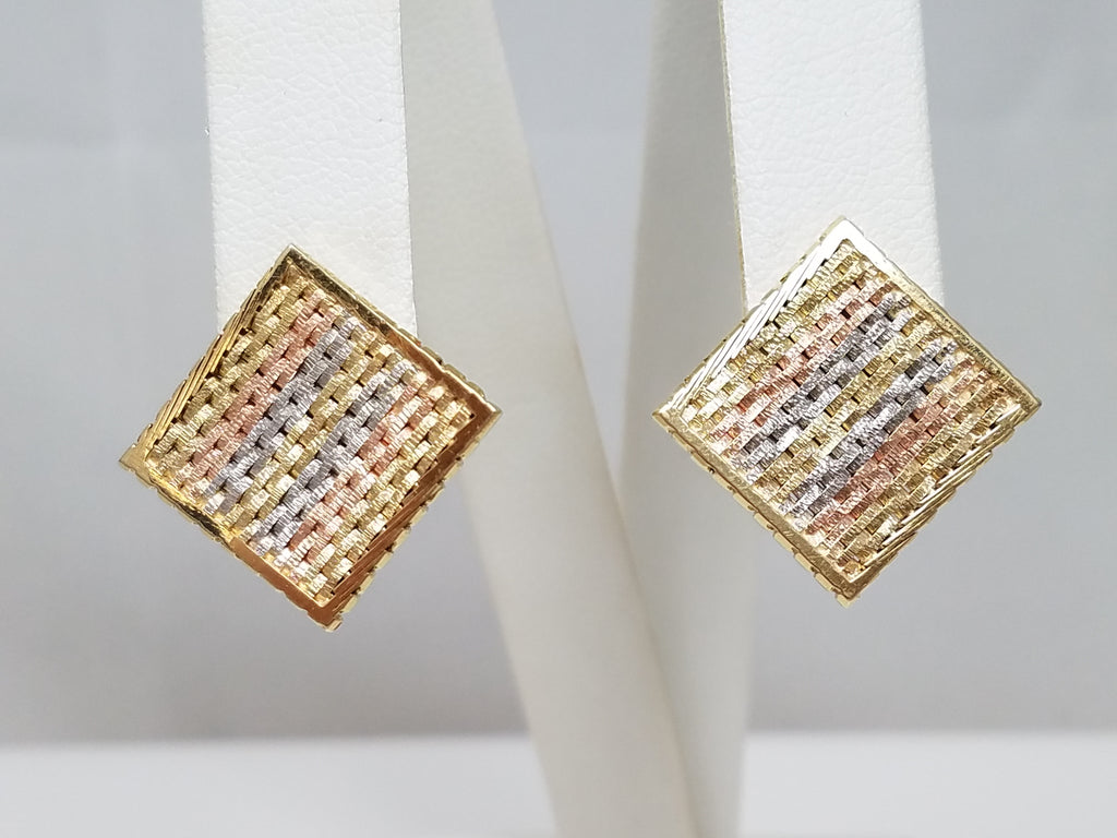 Unique 14k Tri Color Gold Square Riccio Earrings