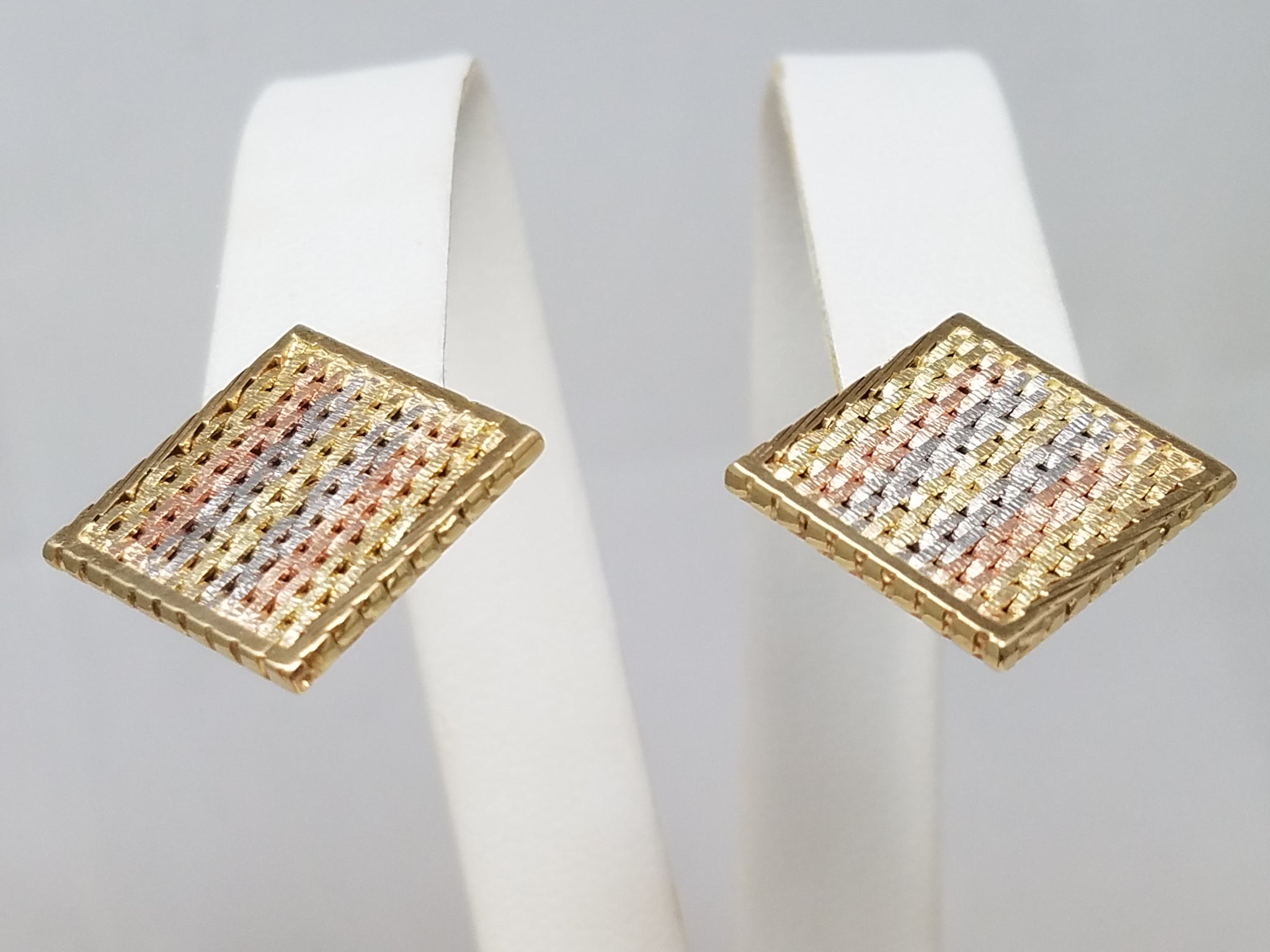 Unique 14k Tri Color Gold Square Riccio Earrings