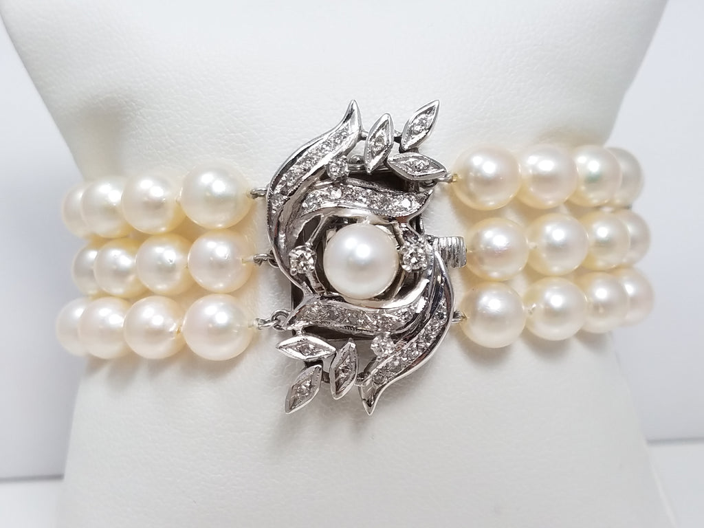 Exquisite 7" 14k White Gold Cultured Pearl Natural Diamond Custom Bracelet