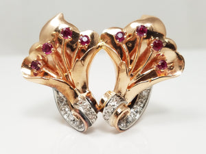 Retro 1940's 14k Rose Gold Natural Ruby Diamond Custom Pendant Brooch
