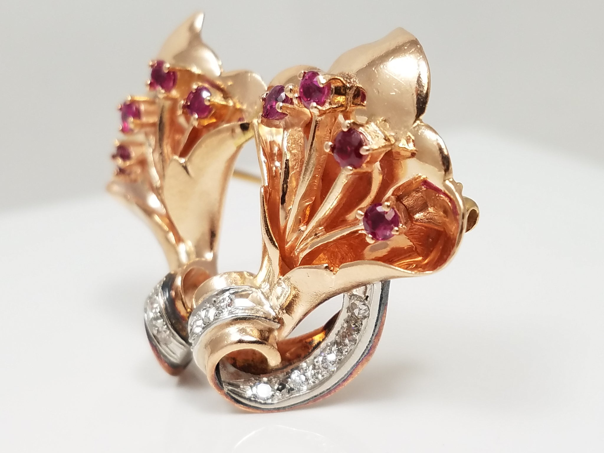 Retro 1940's 14k Rose Gold Natural Ruby Diamond Custom Pendant Brooch