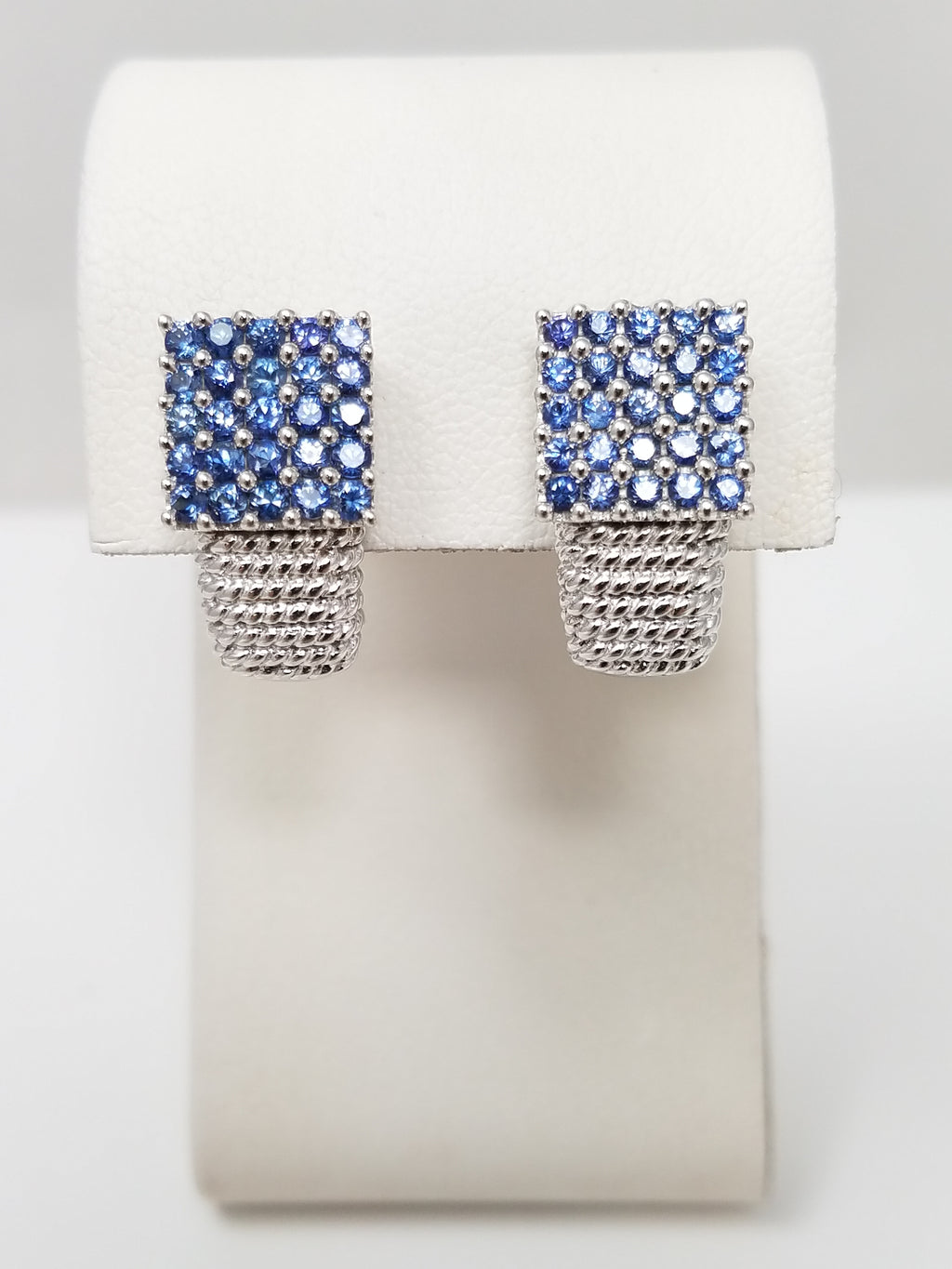 New Dazzling 14k White Gold Natural Sapphire Cluster Drop Earrings