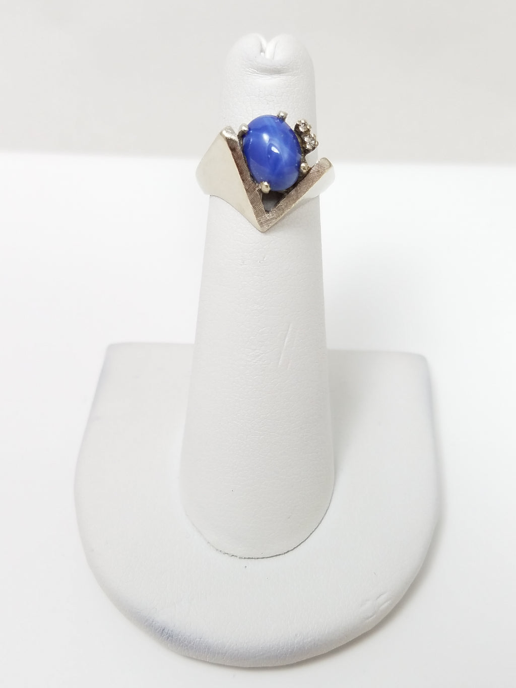 Vintage Retro Style 14k White Gold Lab Created Blue Star Sapphire Ring