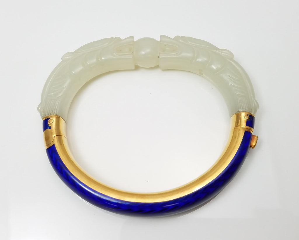 Magnificent 18k Yellow Gold Natural Carved Jade Dragon Enamel Bangle Bracelet