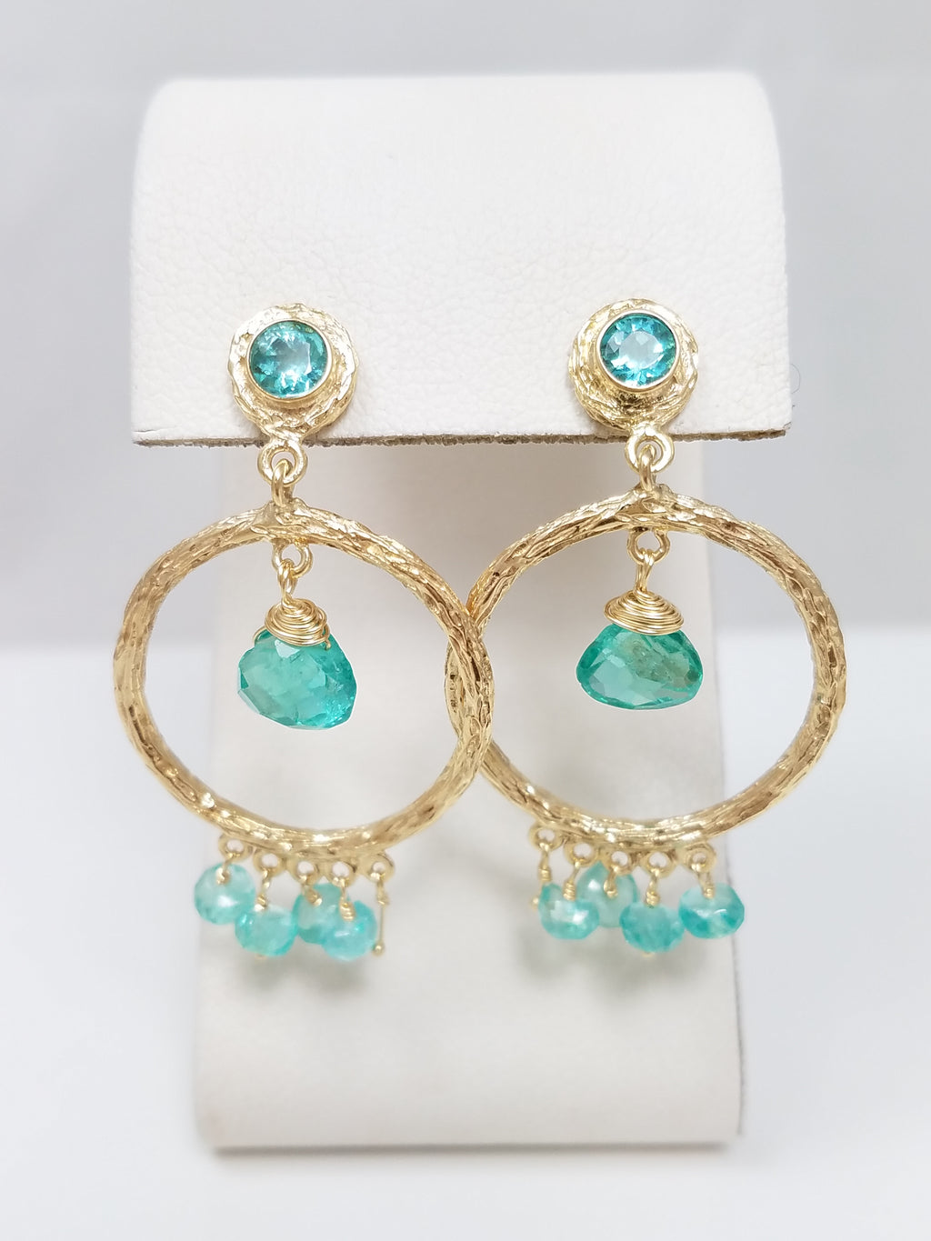 Dangly 14k Yellow Gold Natural Gemstone Hollow Hoop Earrings