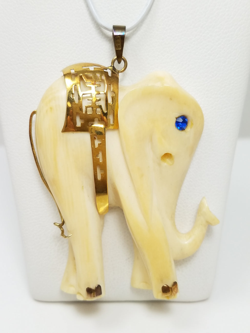 Cute Carved Bone Elephant With 14k Yellow Gold Accents