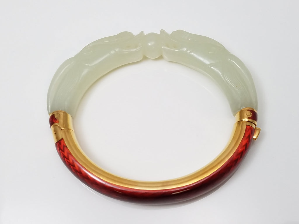 Spectacular 18k Yellow Gold Natural Jade Dragon Enamel Custom Bangle Bracelet