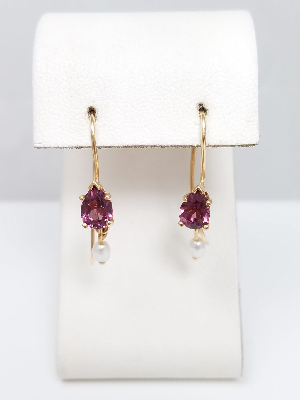 Gorgeous Rhodolite Garnet & Cultured Pearl 14k Yellow Gold Drop Earrings