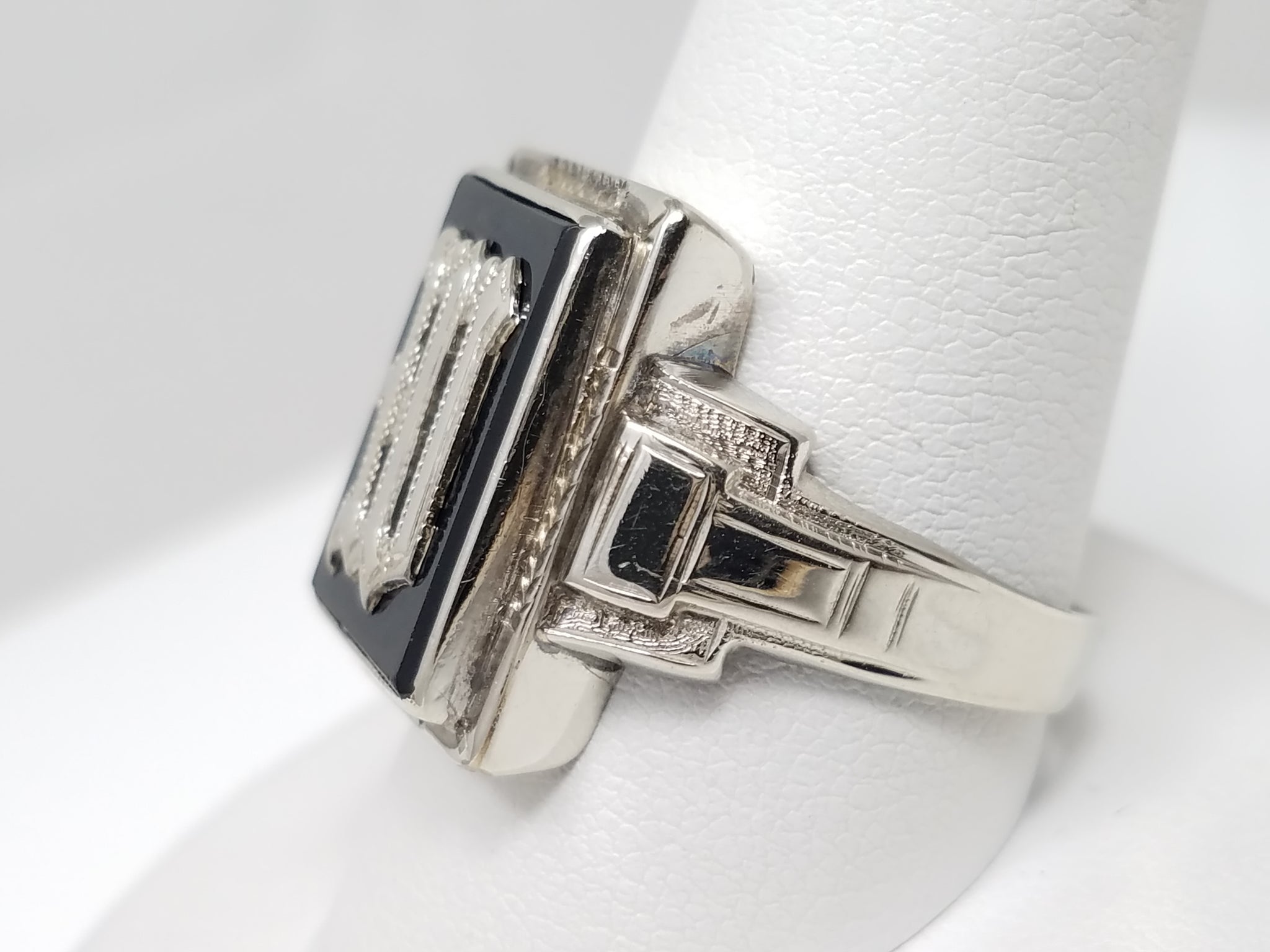Men's Dapper 1930's Art Deco 10k White Gold Gothic Onyx Signet Ring