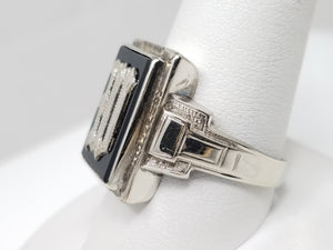 Men's Dapper 1930's Art Deco 10k White Gold Gothic Onyx Signet Ring