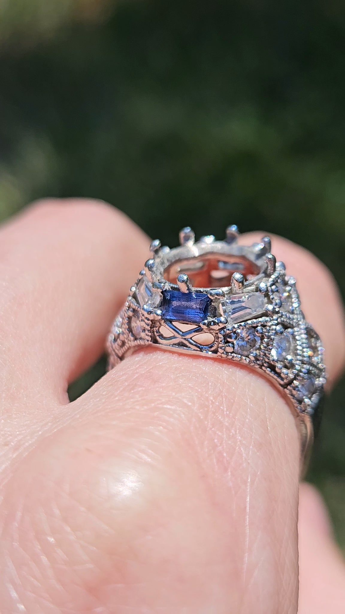 Dramatic 14k White Gold Vintage Reproduction Natural Sapphire Diamond Ring Mount
